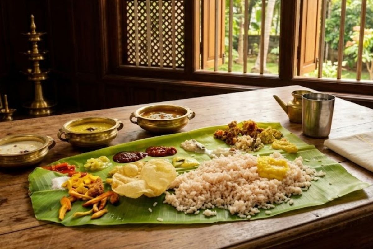 Onam Sadya dishes served on a banana leaf