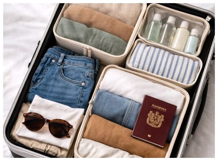 Organised suitcase with travel essentials and packing items