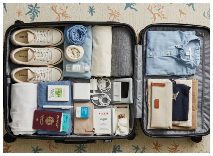 Organised suitcase with travel essentials and packing items