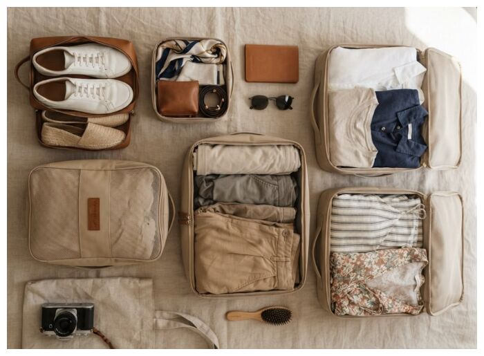 Organised suitcase with travel essentials and packing items