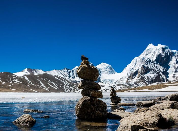 Mountain landscape in North Sikkim surrounded by snow-covered Himalayan peaks