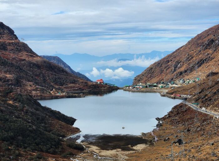 Mountain landscape in North Sikkim surrounded by snow-covered Himalayan peaks