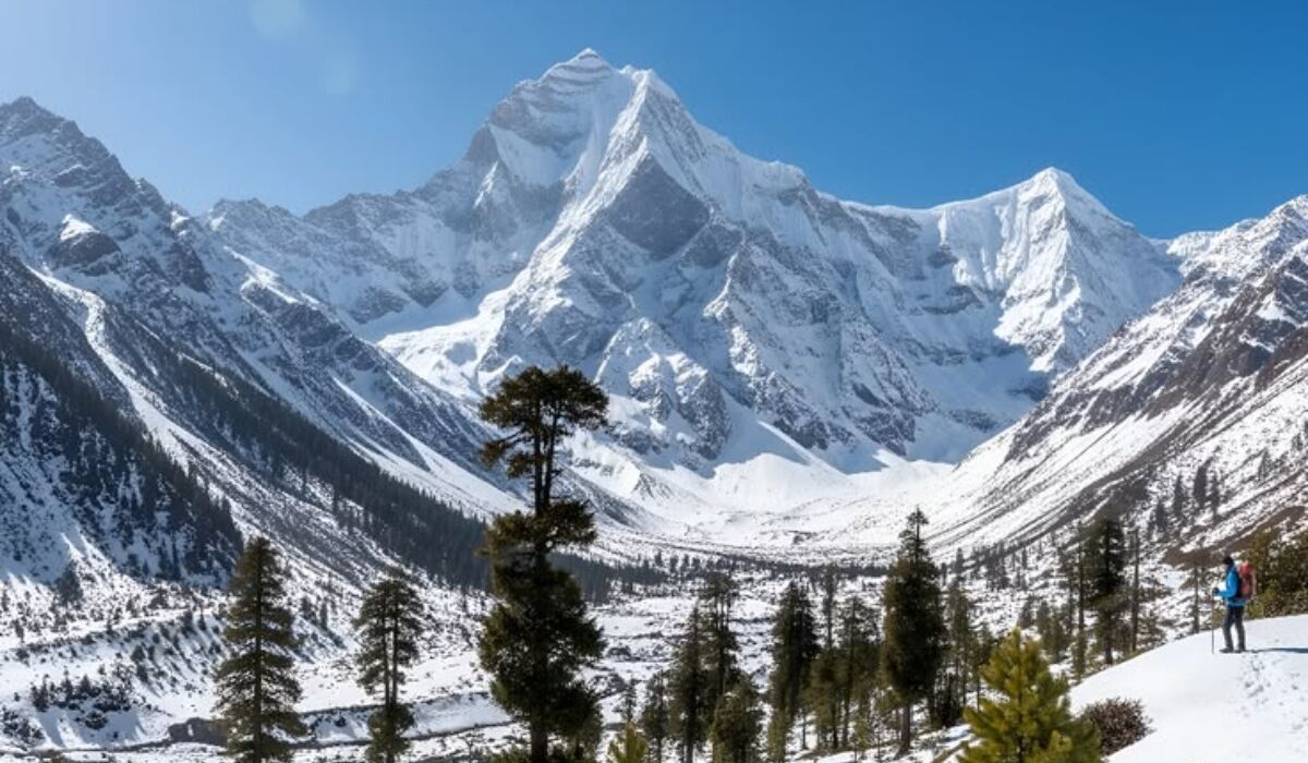 Mountain landscape in North Sikkim surrounded by snow-covered Himalayan peaks