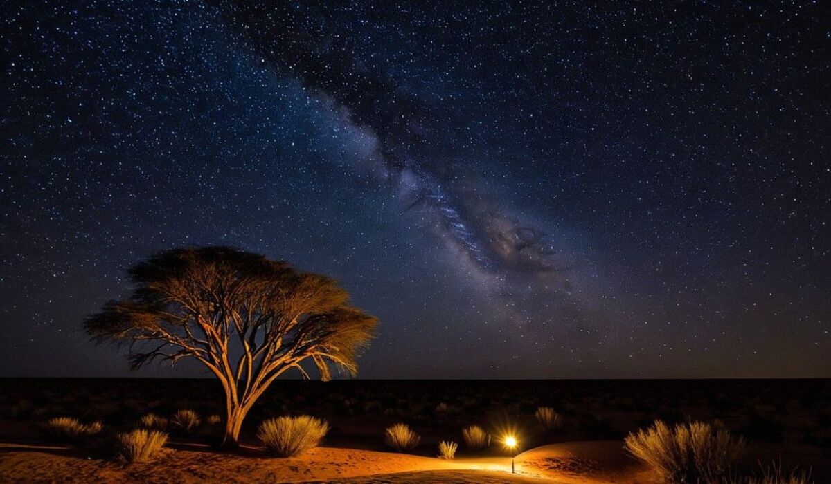 Milky Way visible over a dark desert landscape
