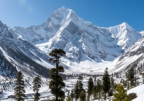 Mountain landscape in North Sikkim surrounded by snow-covered Himalayan peaks