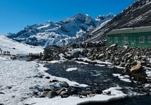 Zero Point in North Sikkim surrounded by snow-covered Himalayan mountains
