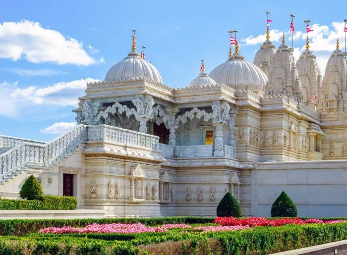 BAPS Hindu temple showcasing traditional architecture and intricate carvings